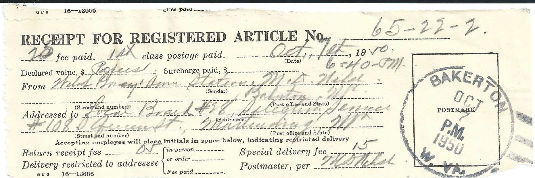 Receipt for Registered Article - The Welsh of Harpers Ferry